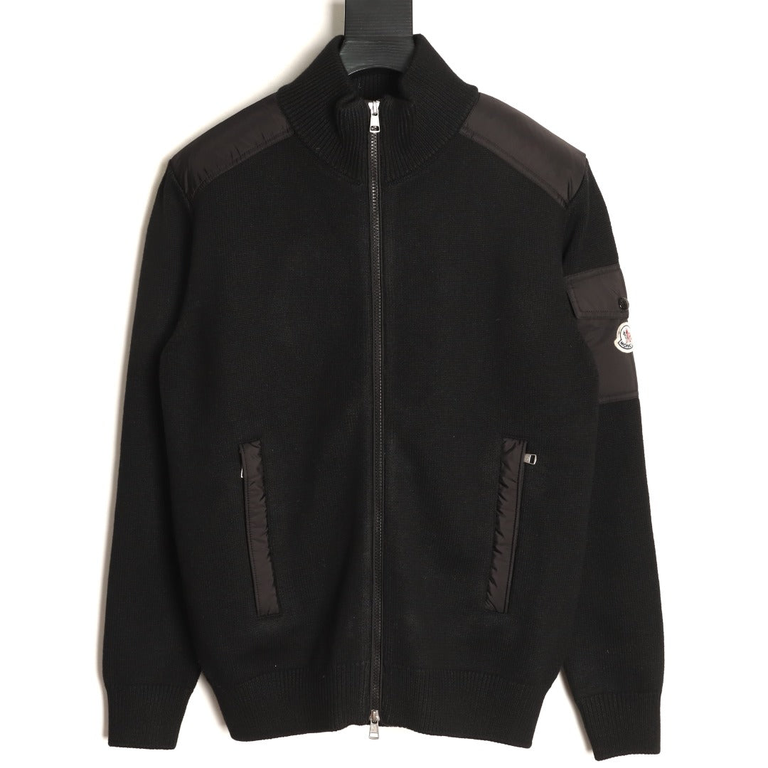 Moncler MC Patchwork Sleeve-Pocket Nylon Zip Knit Cardigan Jacket