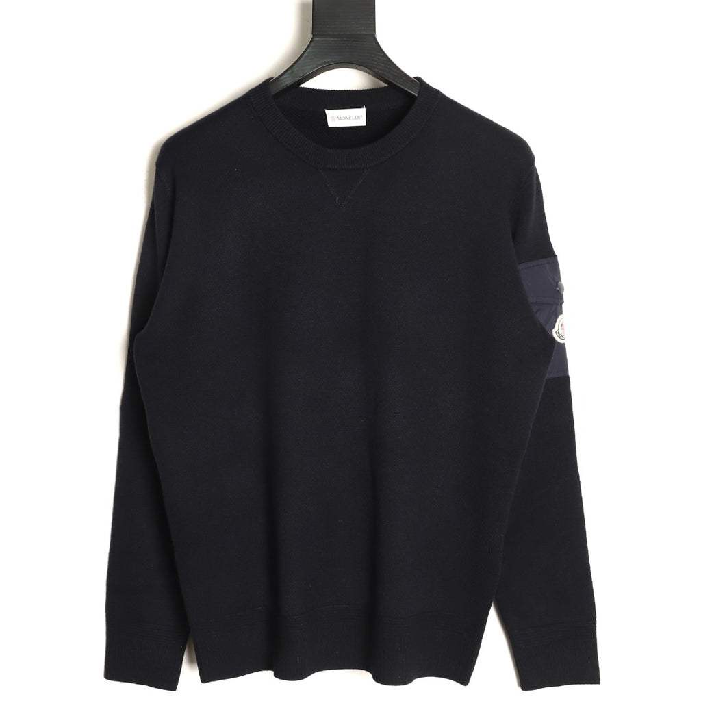 Moncler MC Black Two-Tone Sleeve-Pocket Crewneck Sweater