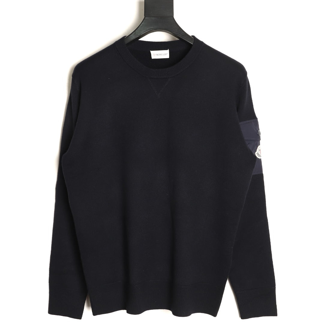 Moncler MC Black Two-Tone Sleeve-Pocket Crewneck Sweater