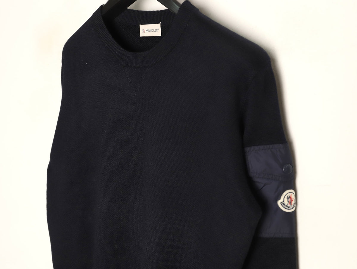 Moncler MC Black Two-Tone Sleeve-Pocket Crewneck Sweater