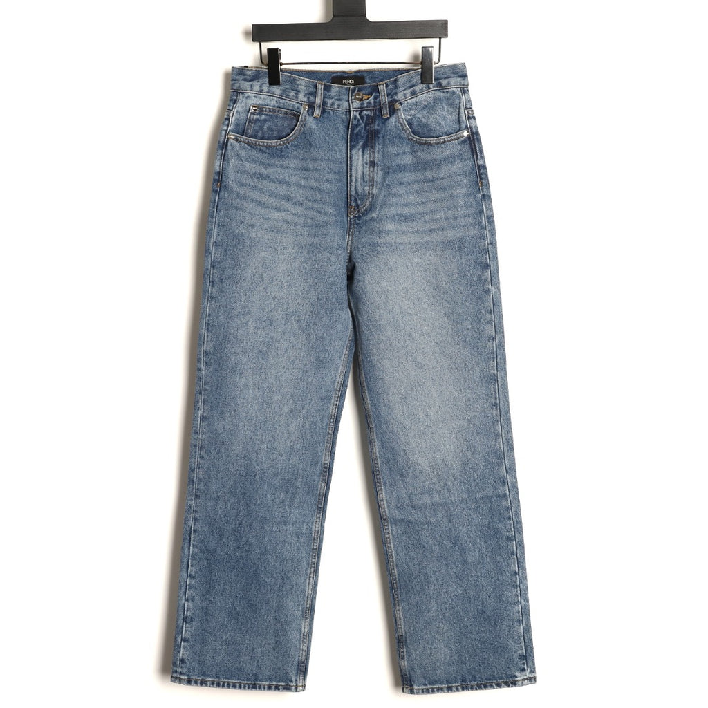 Fendi FD Light-Wash Leather-Label Straight-Leg Jeans