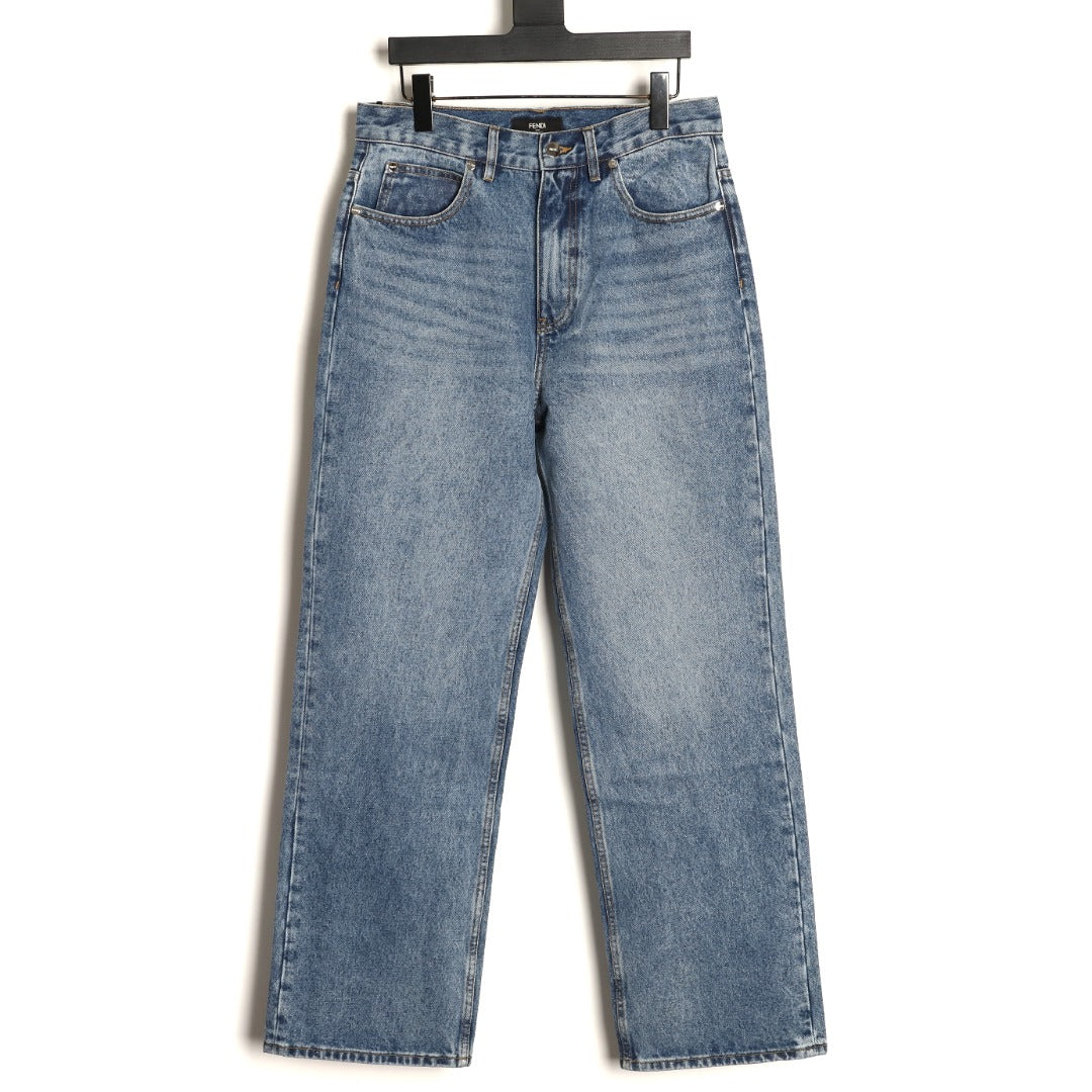Fendi FD Light-Wash Leather-Label Straight-Leg Jeans