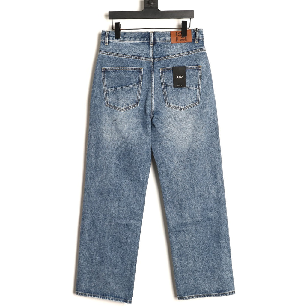 Fendi FD Light-Wash Leather-Label Straight-Leg Jeans