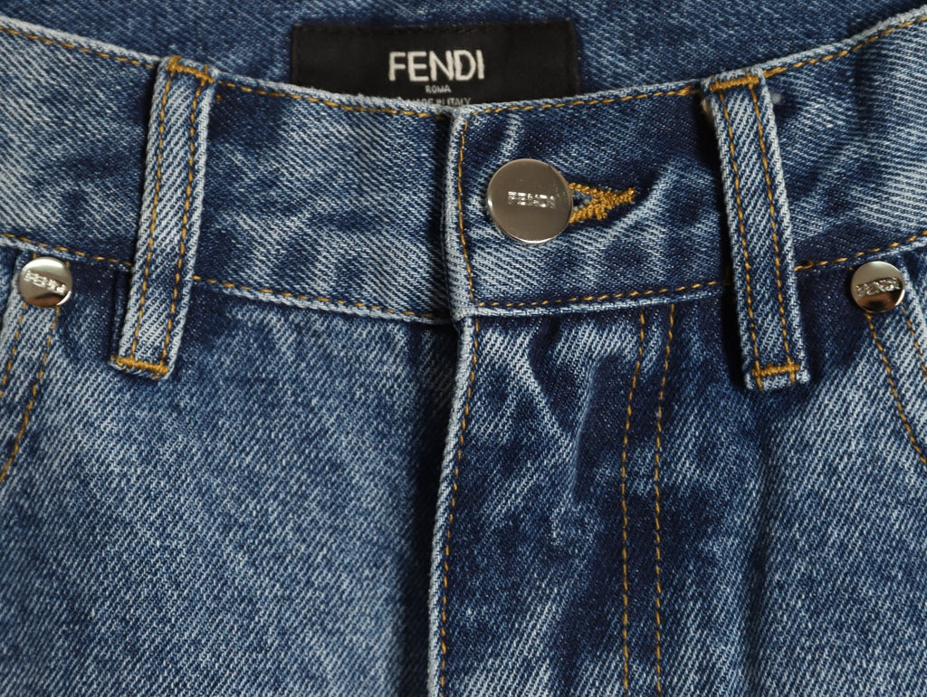 Fendi FD Light-Wash Leather-Label Straight-Leg Jeans