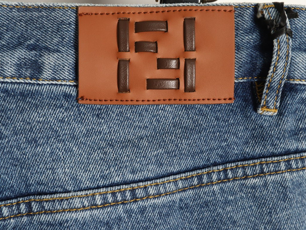 Fendi FD Light-Wash Leather-Label Straight-Leg Jeans