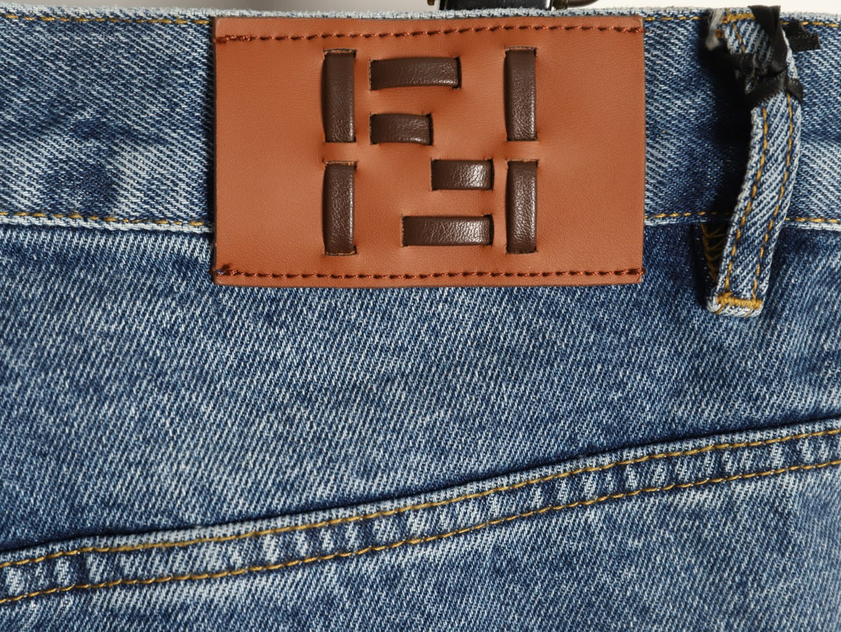 Fendi FD Light-Wash Leather-Label Straight-Leg Jeans
