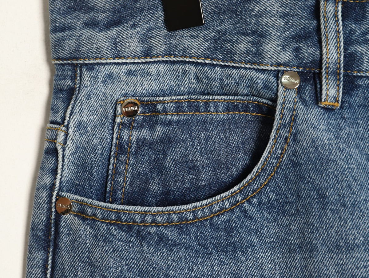 Fendi FD Light-Wash Leather-Label Straight-Leg Jeans