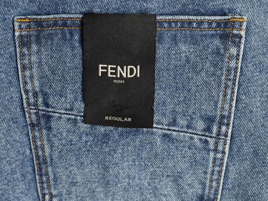 Fendi FD Light-Wash Leather-Label Straight-Leg Jeans
