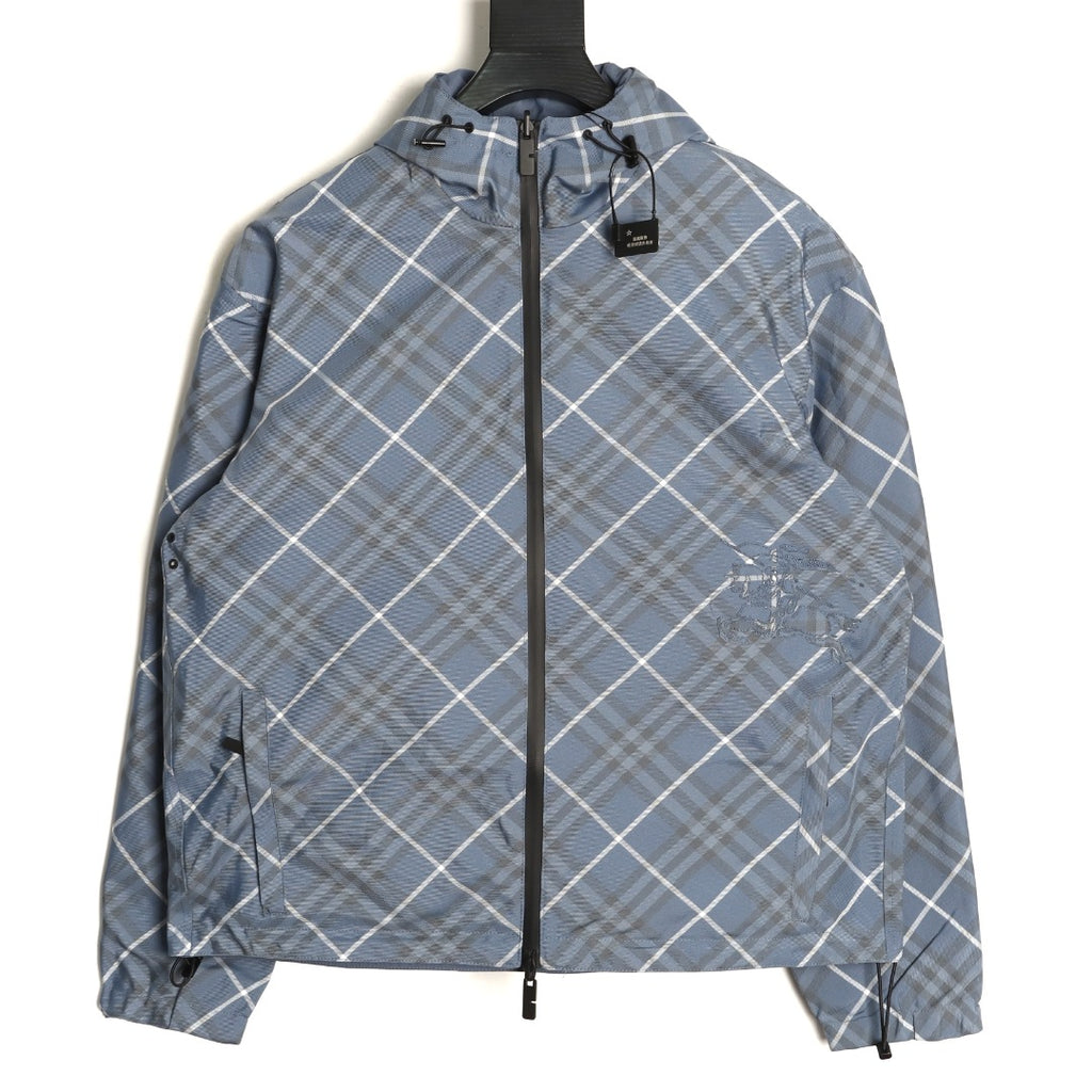 Burberry 24SS Gray-Blue Diamond-Check Equestrian Knight Reversible Jacket