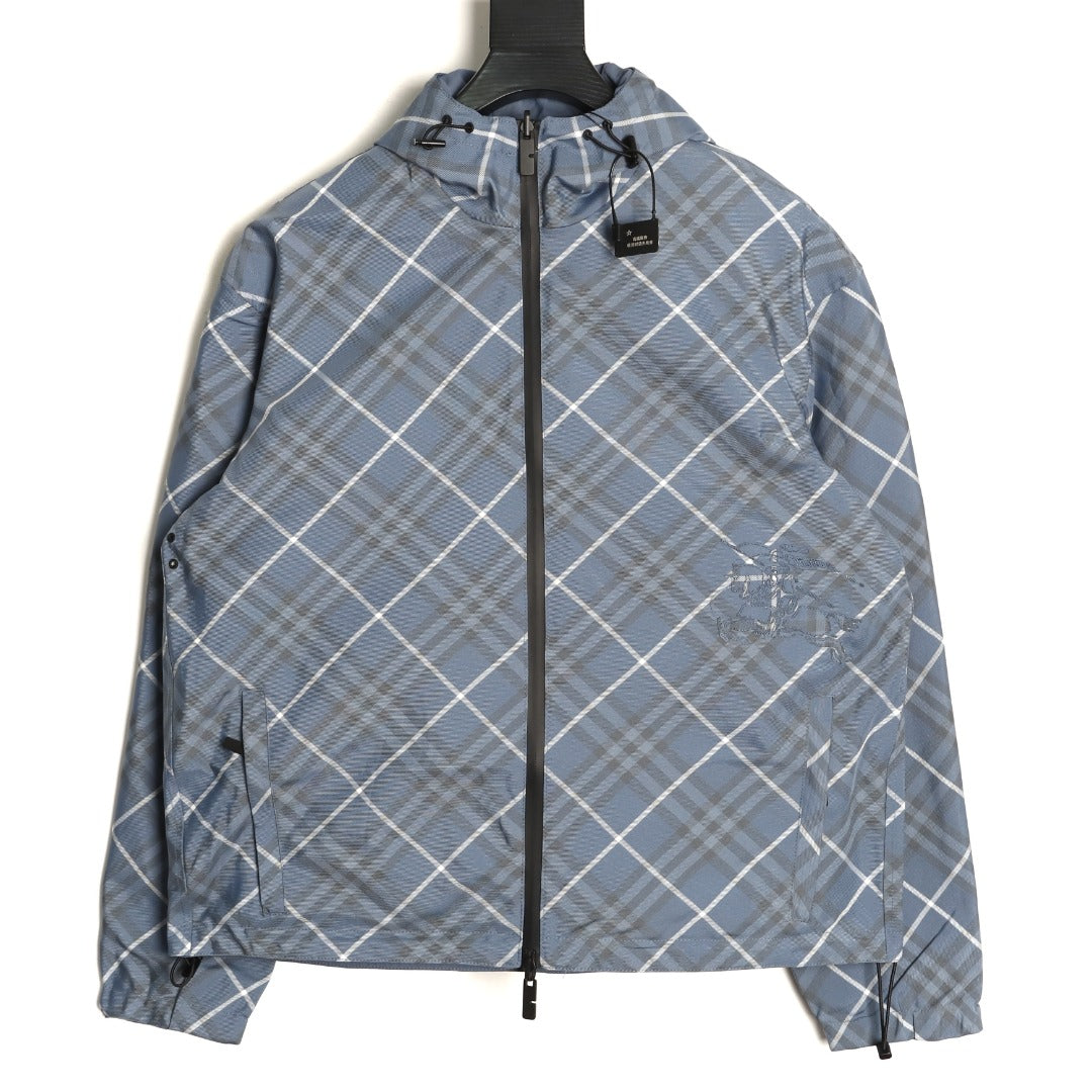 Burberry 24SS Gray-Blue Diamond-Check Equestrian Knight Reversible Jacket