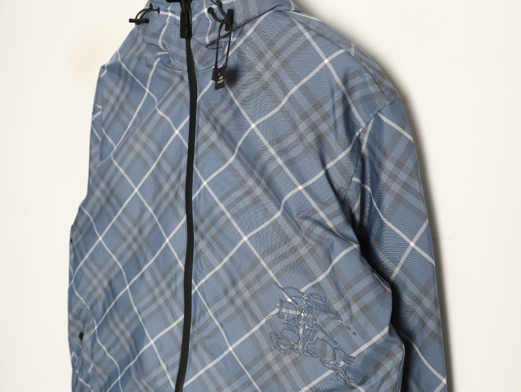 Burberry 24SS Gray-Blue Diamond-Check Equestrian Knight Reversible Jacket