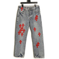 Chrome Hearts Red Cross Leather-Appliqué Washed Gray Jeans