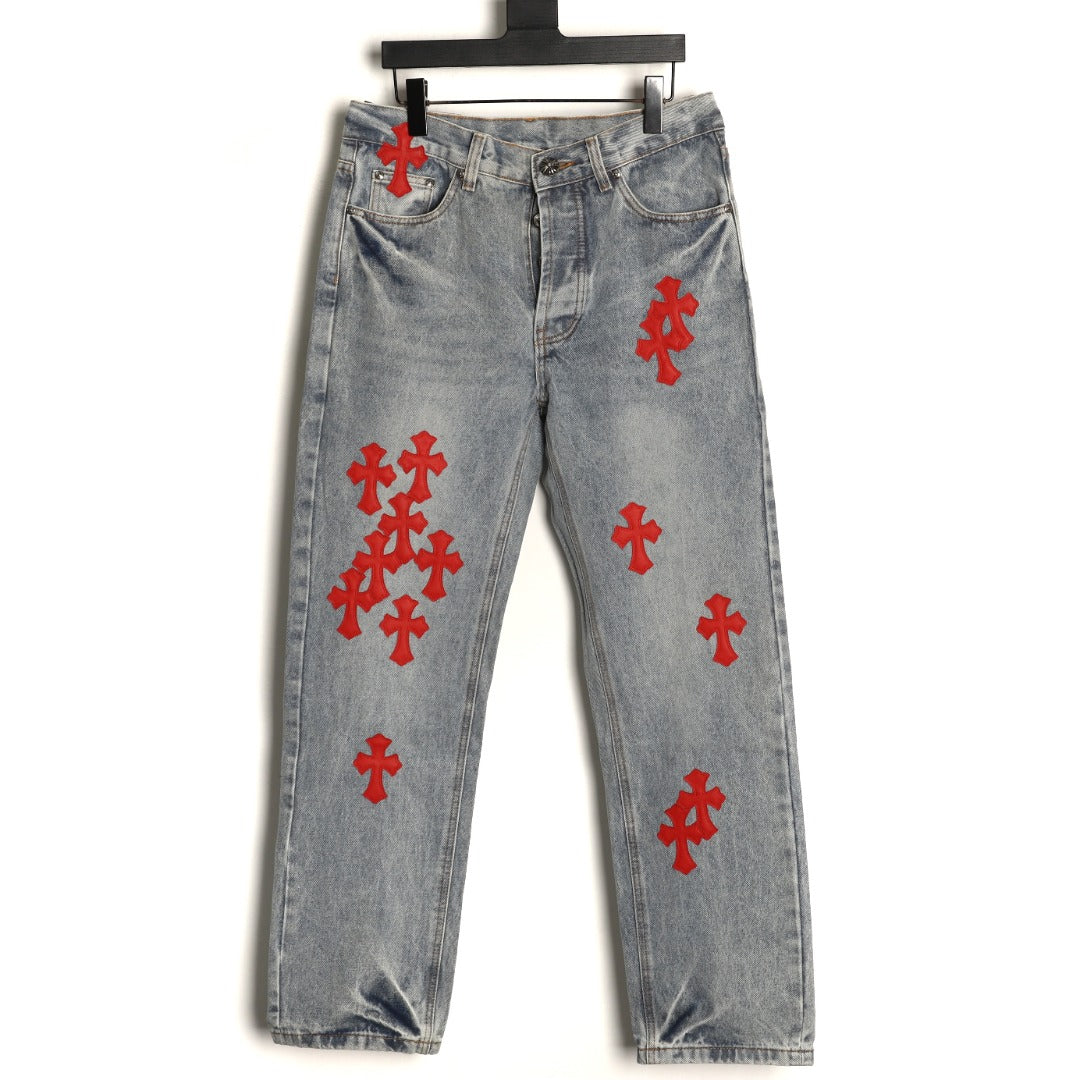 Chrome Hearts Red Cross Leather-Appliqué Washed Gray Jeans