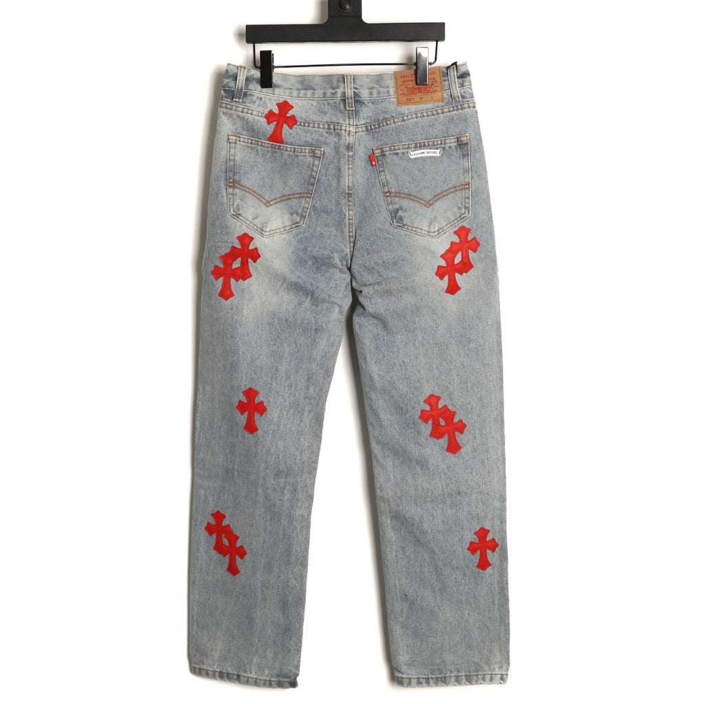 Chrome Hearts Red Cross Leather-Appliqué Washed Gray Jeans