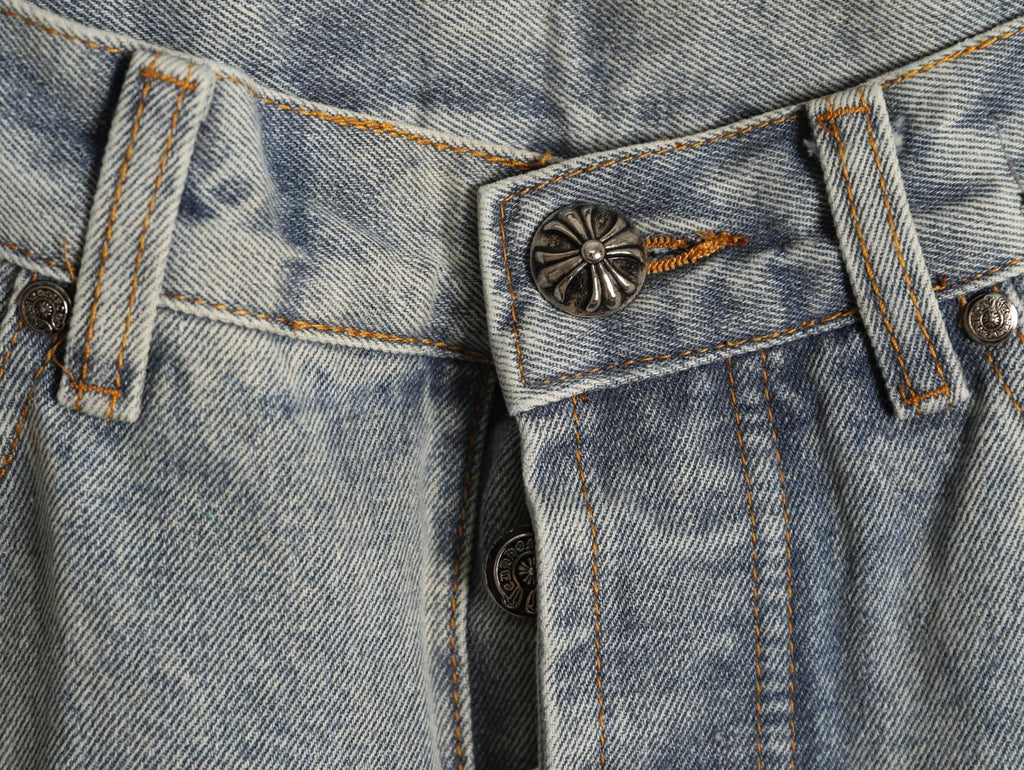 Chrome Hearts Red Cross Leather-Appliqué Washed Gray Jeans