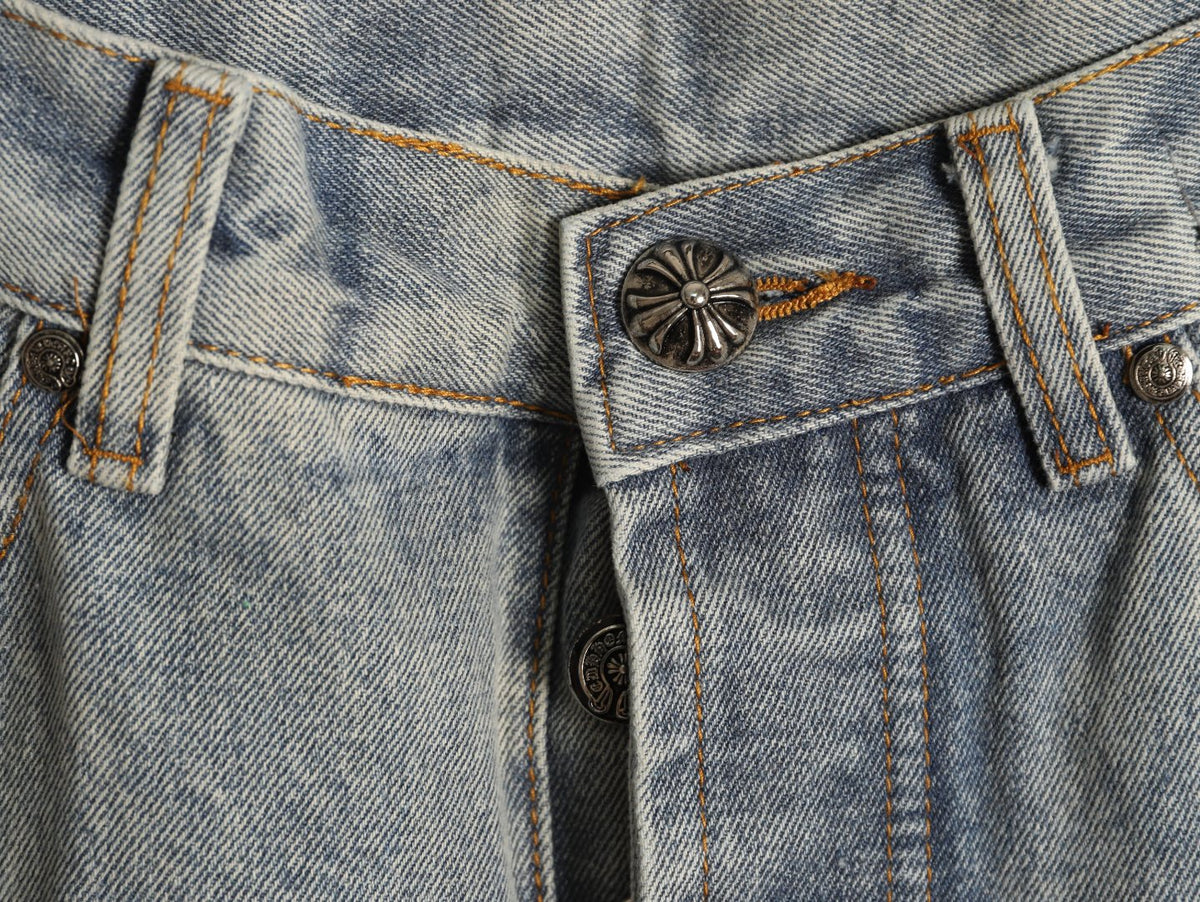 Chrome Hearts Red Cross Leather-Appliqué Washed Gray Jeans