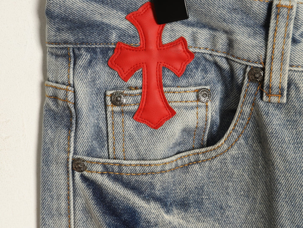 Chrome Hearts Red Cross Leather-Appliqué Washed Gray Jeans