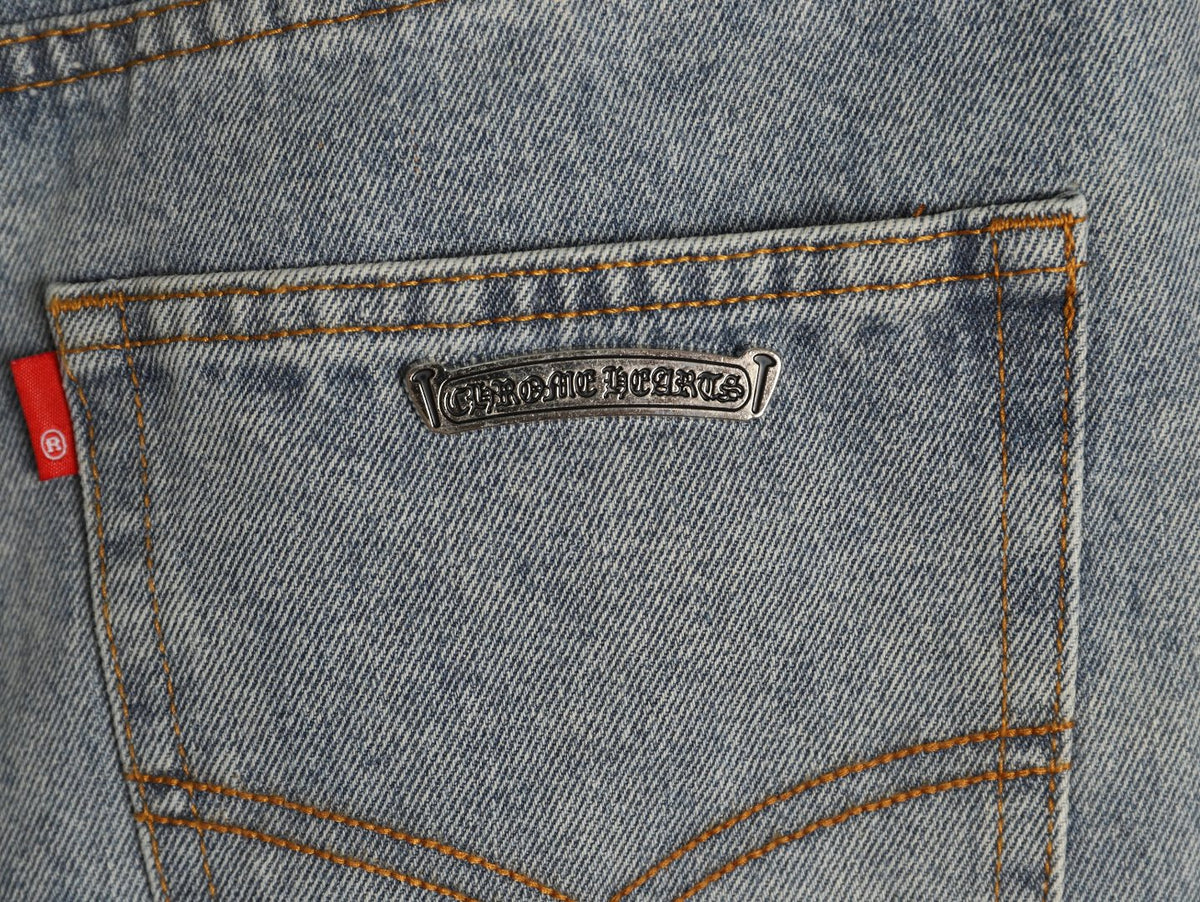 Chrome Hearts Red Cross Leather-Appliqué Washed Gray Jeans
