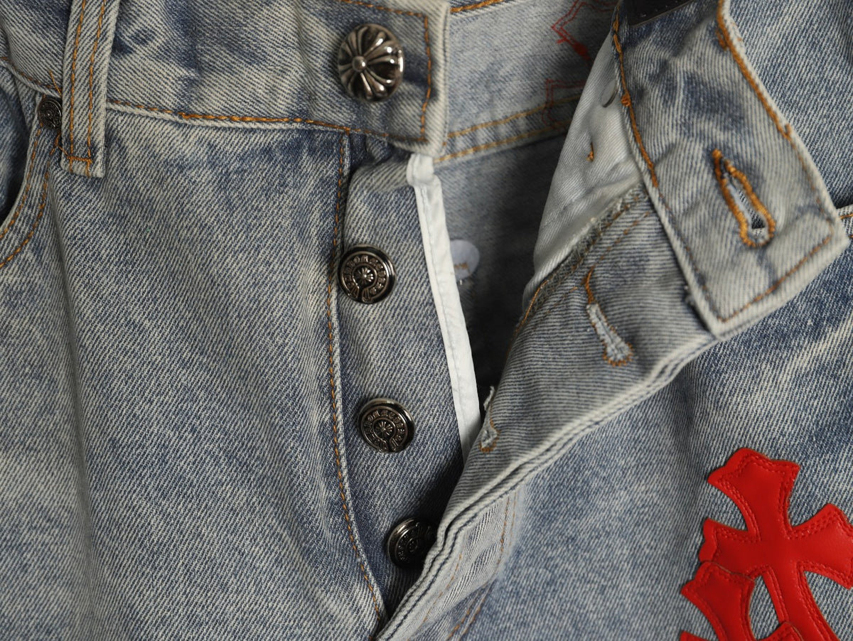 Chrome Hearts Red Cross Leather-Appliqué Washed Gray Jeans