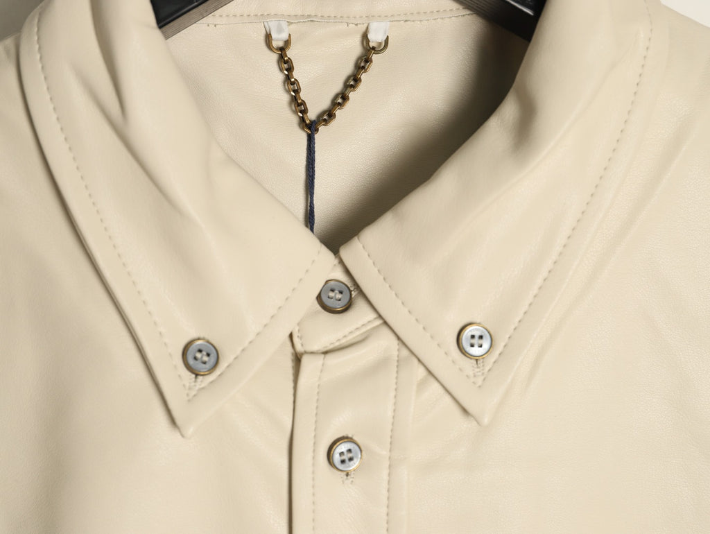 Louis Vuitton 26FW Embroidered Logo Mixed-Leather Beige Shirt Jacket