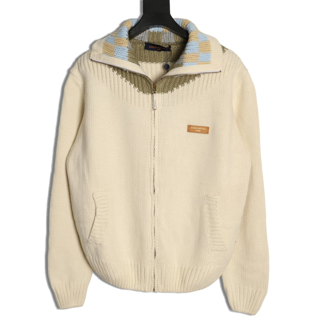 Louis Vuitton LV Leather Checkerboard Intarsia Ivory Zip-Up Knit Jacket