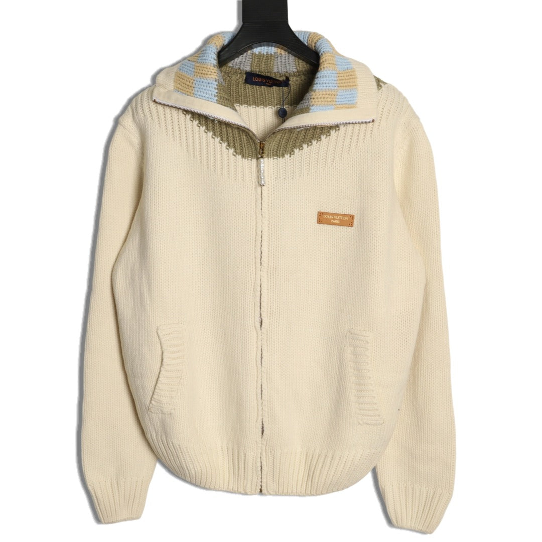 Louis Vuitton LV Leather Checkerboard Intarsia Ivory Zip-Up Knit Jacket