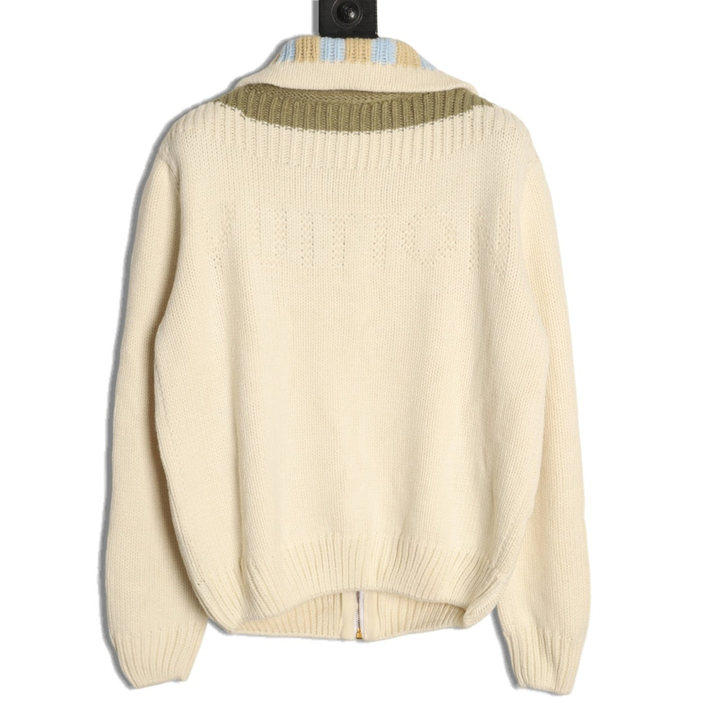Louis Vuitton LV Leather Checkerboard Intarsia Ivory Zip-Up Knit Jacket