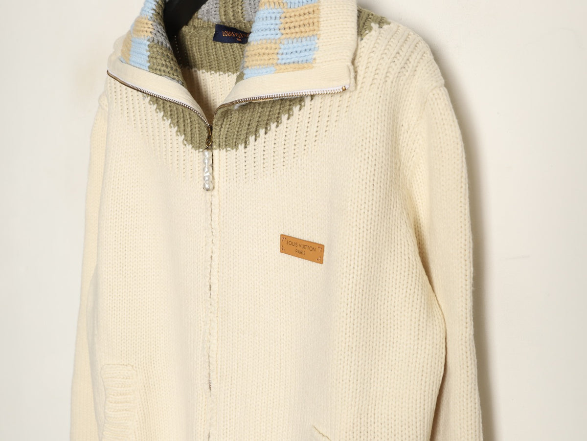 Louis Vuitton LV Leather Checkerboard Intarsia Ivory Zip-Up Knit Jacket