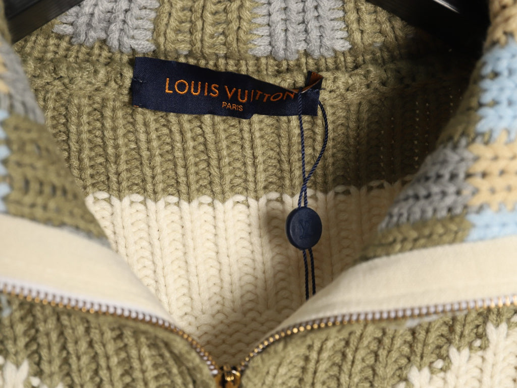 Louis Vuitton LV Leather Checkerboard Intarsia Ivory Zip-Up Knit Jacket