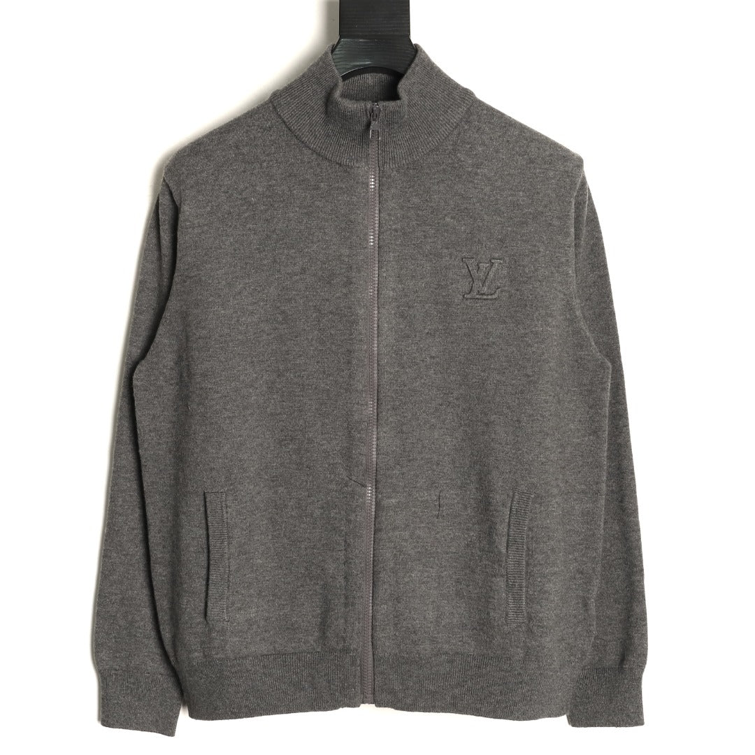 Louis Vuitton LV Embossed Logo Gray Cashmere Zip-Up Cardigan