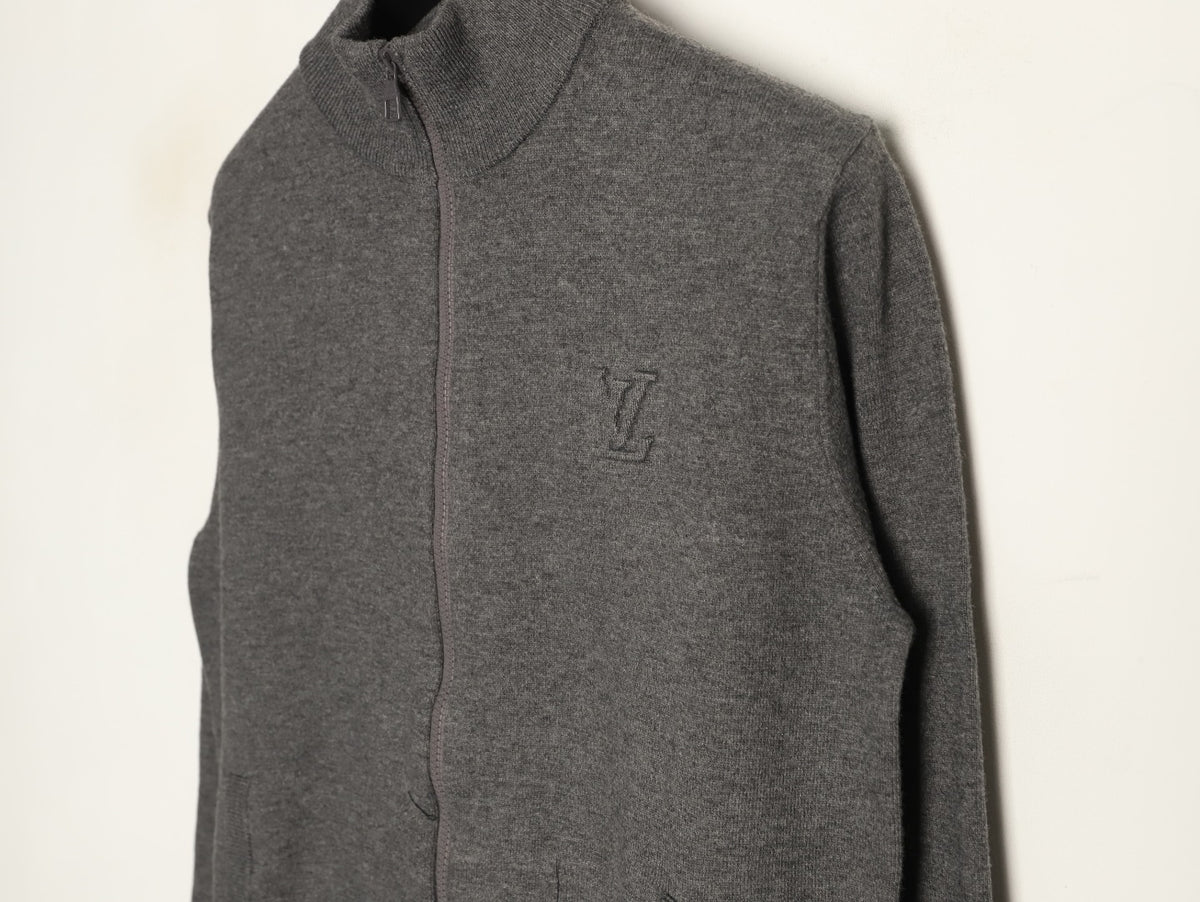 Louis Vuitton LV Embossed Logo Gray Cashmere Zip-Up Cardigan