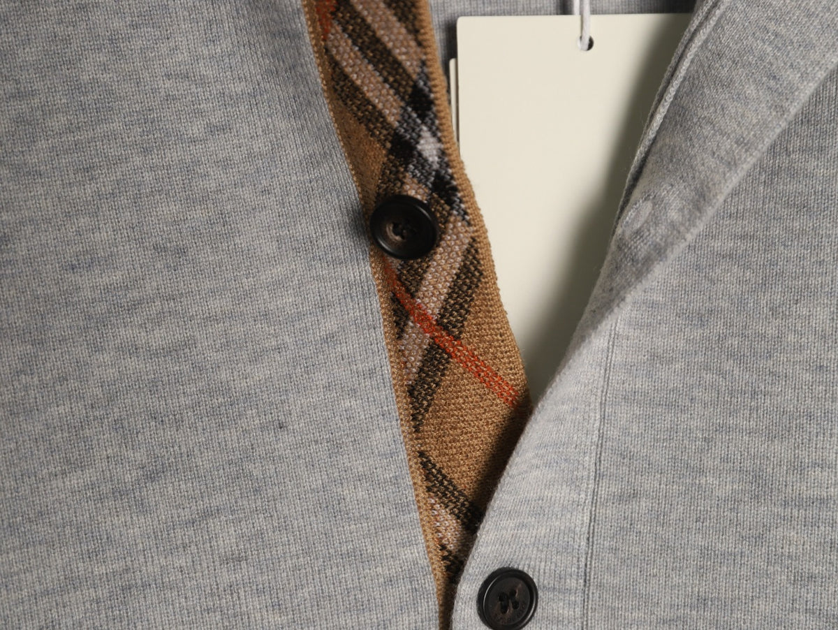 Burberry BBR Classic Check-Placket Gray Wool Cardigan