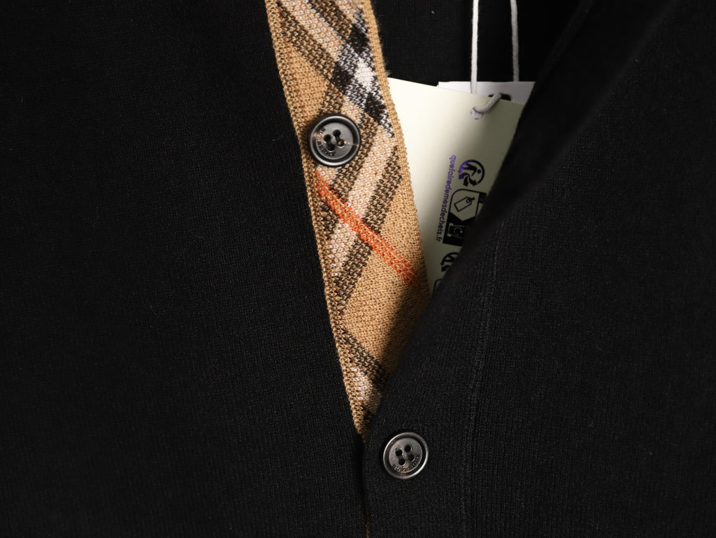 Burberry BBR Classic Check-Placket Jet Black Wool Cardigan