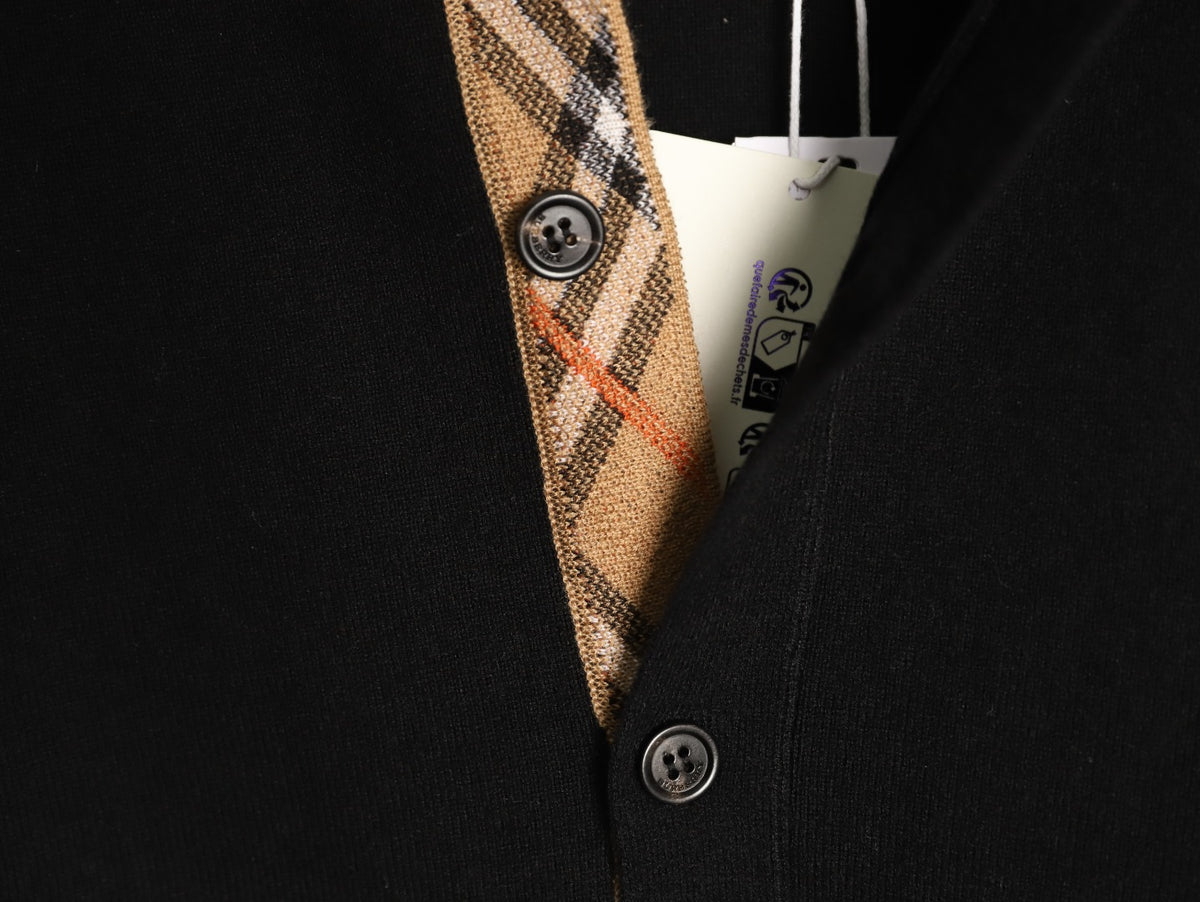 Burberry BBR Classic Check-Placket Jet Black Wool Cardigan