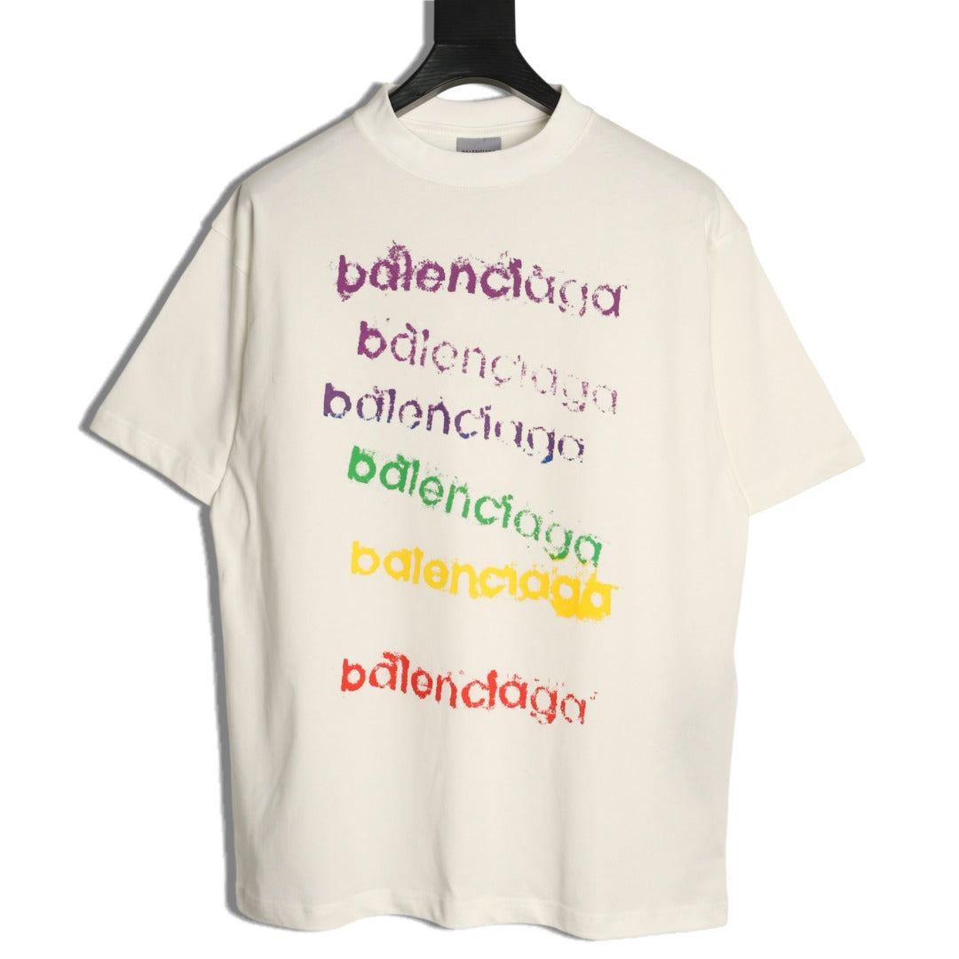 Balenciaga BLCG Rainbow Gradient Stacked Logo White T-Shirt