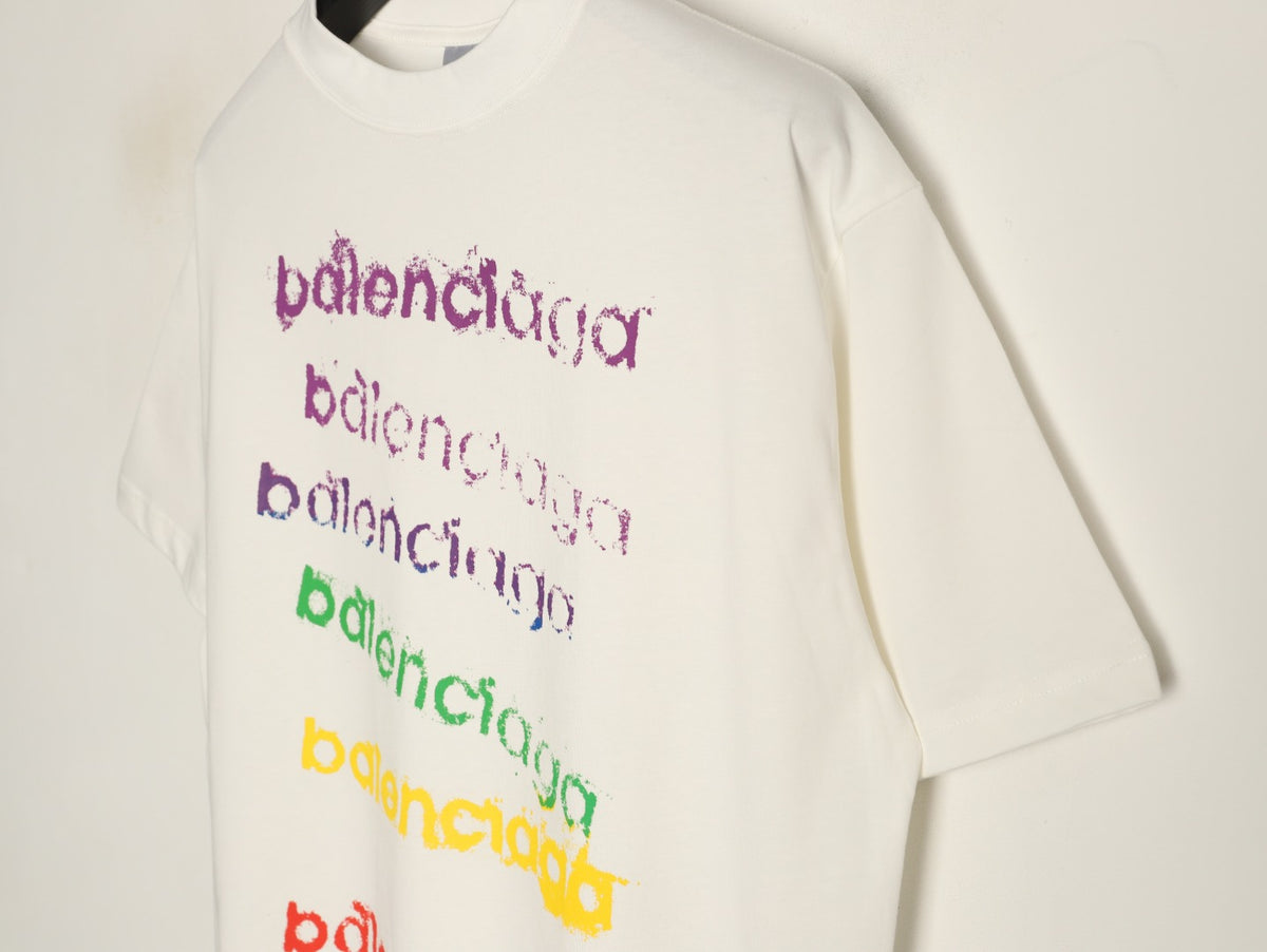Balenciaga BLCG Rainbow Gradient Stacked Logo White T-Shirt
