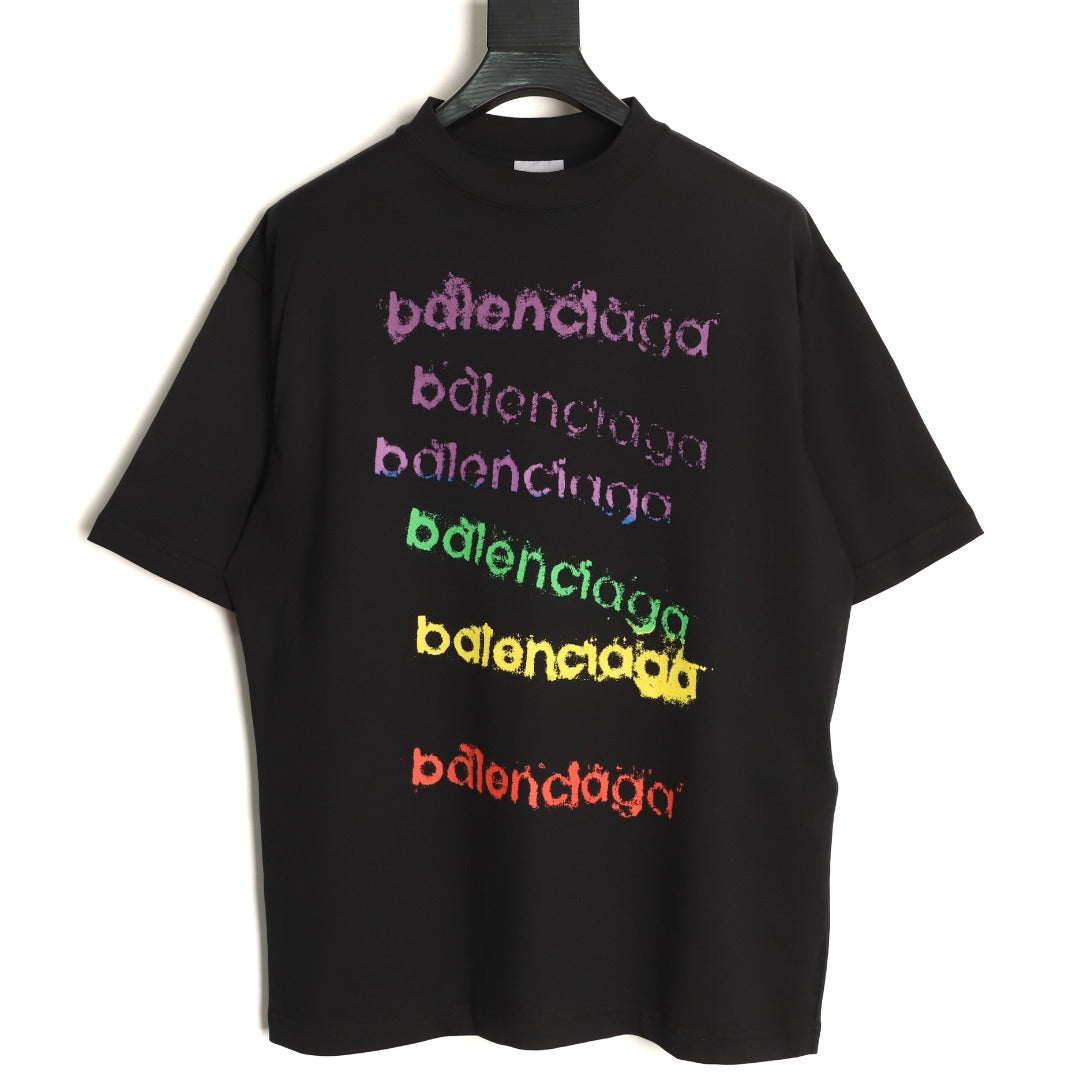 Balenciaga BLCG Rainbow Gradient Stacked Logo Black T-Shirt