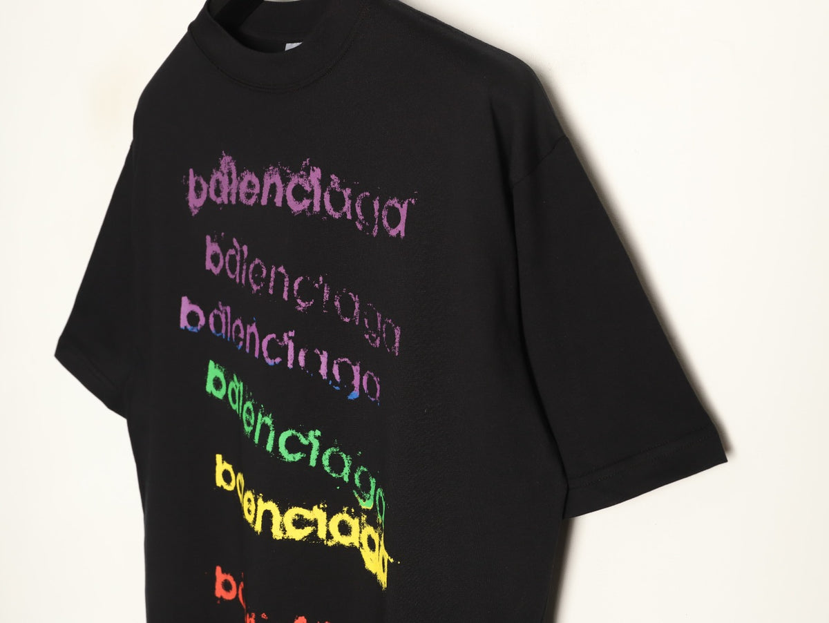 Balenciaga BLCG Rainbow Gradient Stacked Logo Black T-Shirt