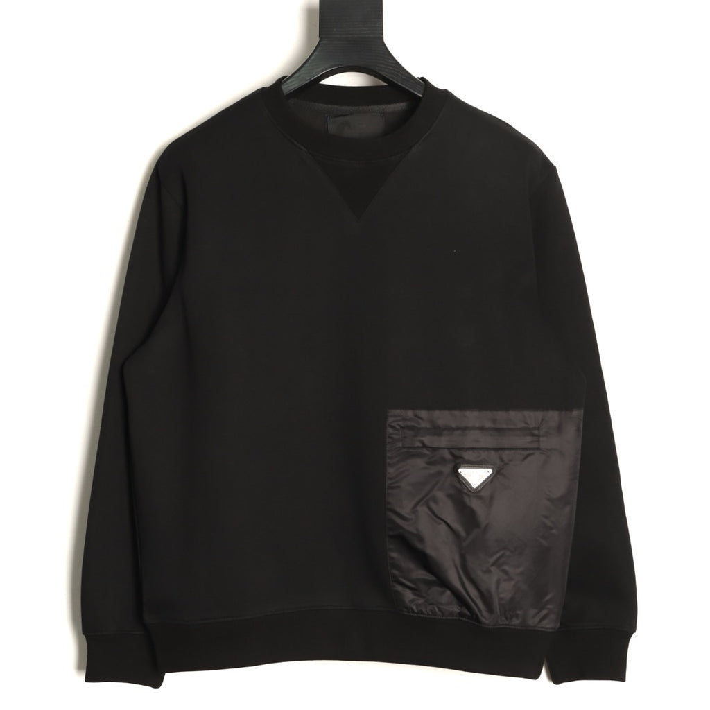 Prada Triangle Logo Utility Pocket Black Crewneck Sweatshirt
