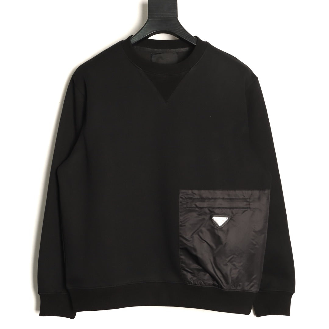 Prada Triangle Logo Utility Pocket Black Crewneck Sweatshirt