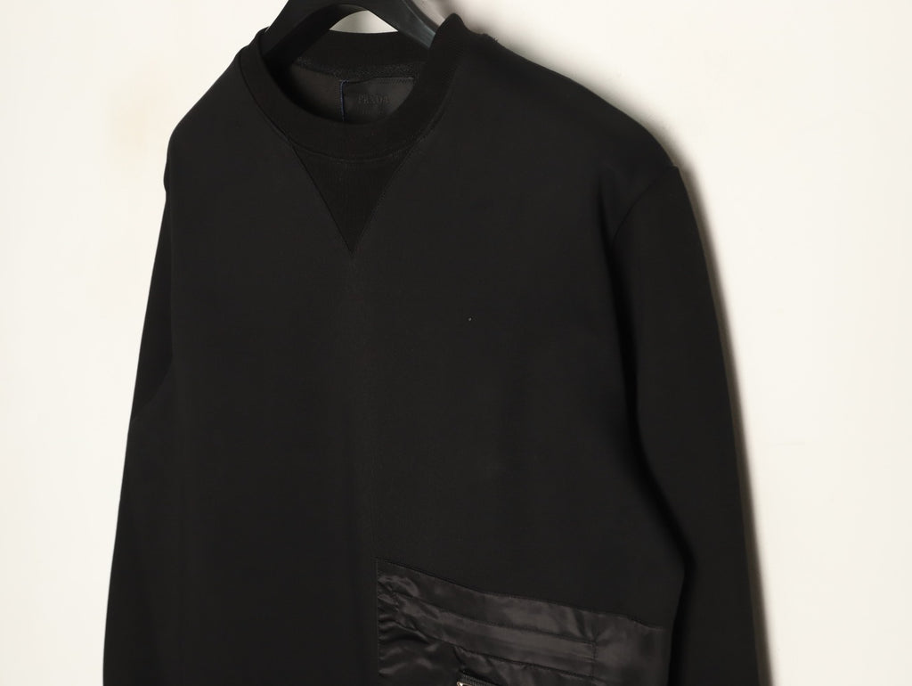 Prada Triangle Logo Utility Pocket Black Crewneck Sweatshirt