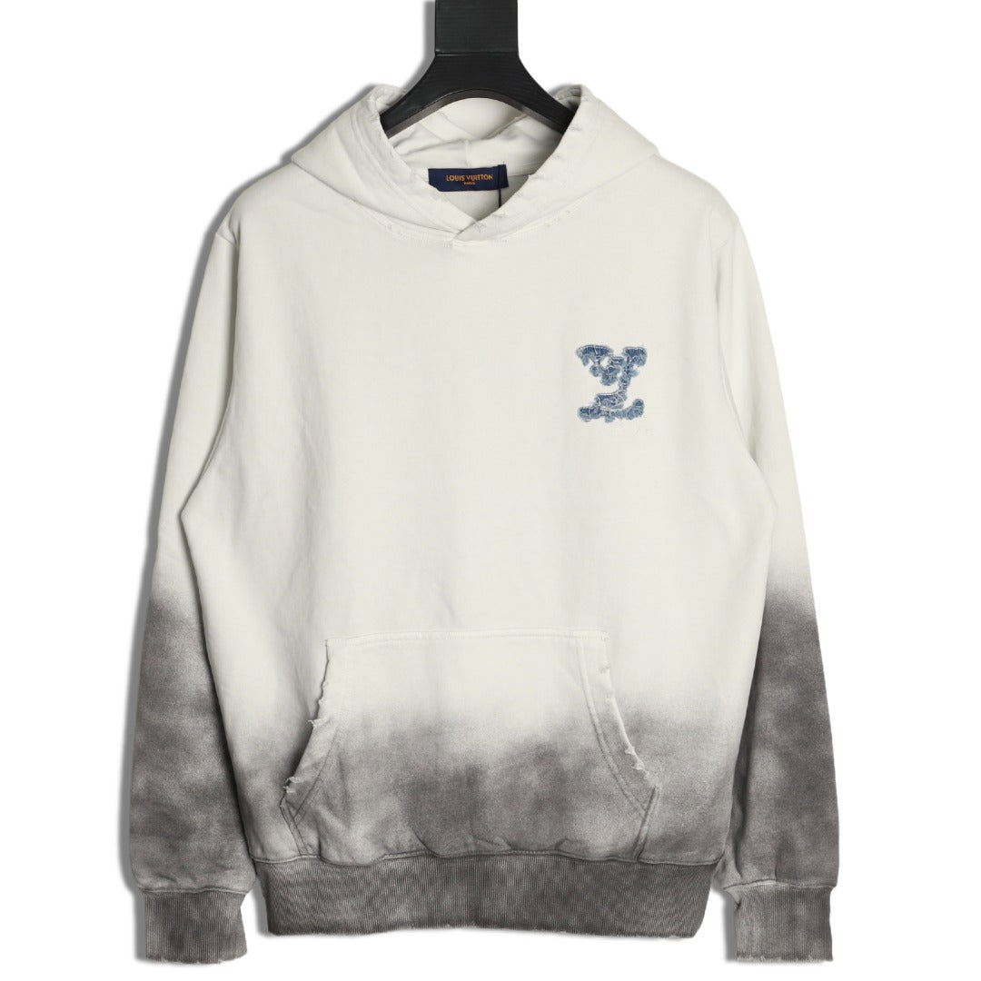 Louis Vuitton 25FW Cloud-Wash Denim Logo Appliqué Distressed Ivory Hoodie
