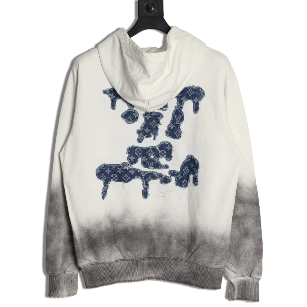 Louis Vuitton 25FW Cloud-Wash Denim Logo Appliqué Distressed Ivory Hoodie