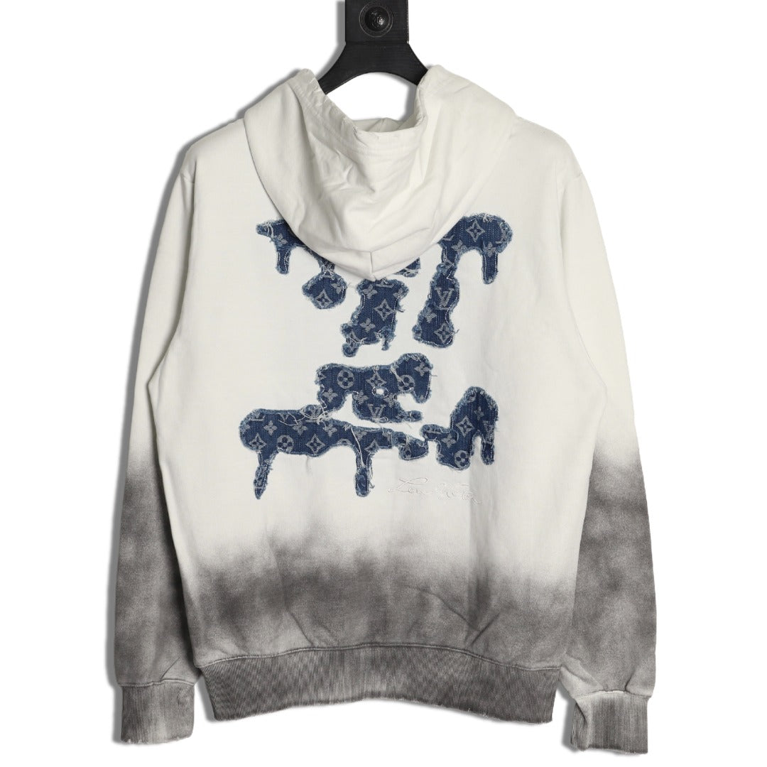 Louis Vuitton 25FW Cloud-Wash Denim Logo Appliqué Distressed Ivory Hoodie