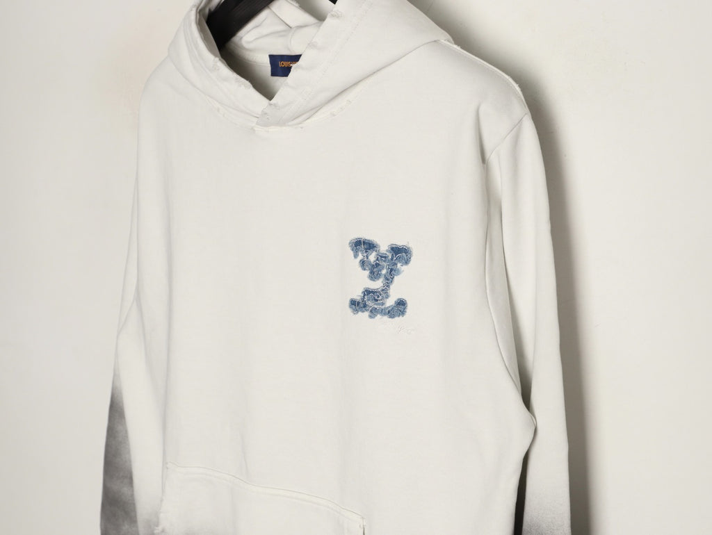 Louis Vuitton 25FW Cloud-Wash Denim Logo Appliqué Distressed Ivory Hoodie