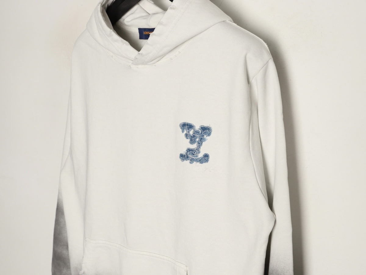 Louis Vuitton 25FW Cloud-Wash Denim Logo Appliqué Distressed Ivory Hoodie
