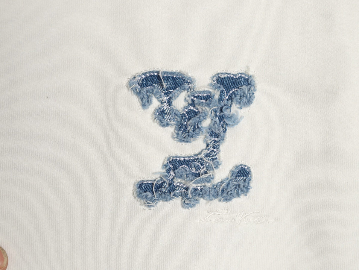 Louis Vuitton 25FW Cloud-Wash Denim Logo Appliqué Distressed Ivory Hoodie
