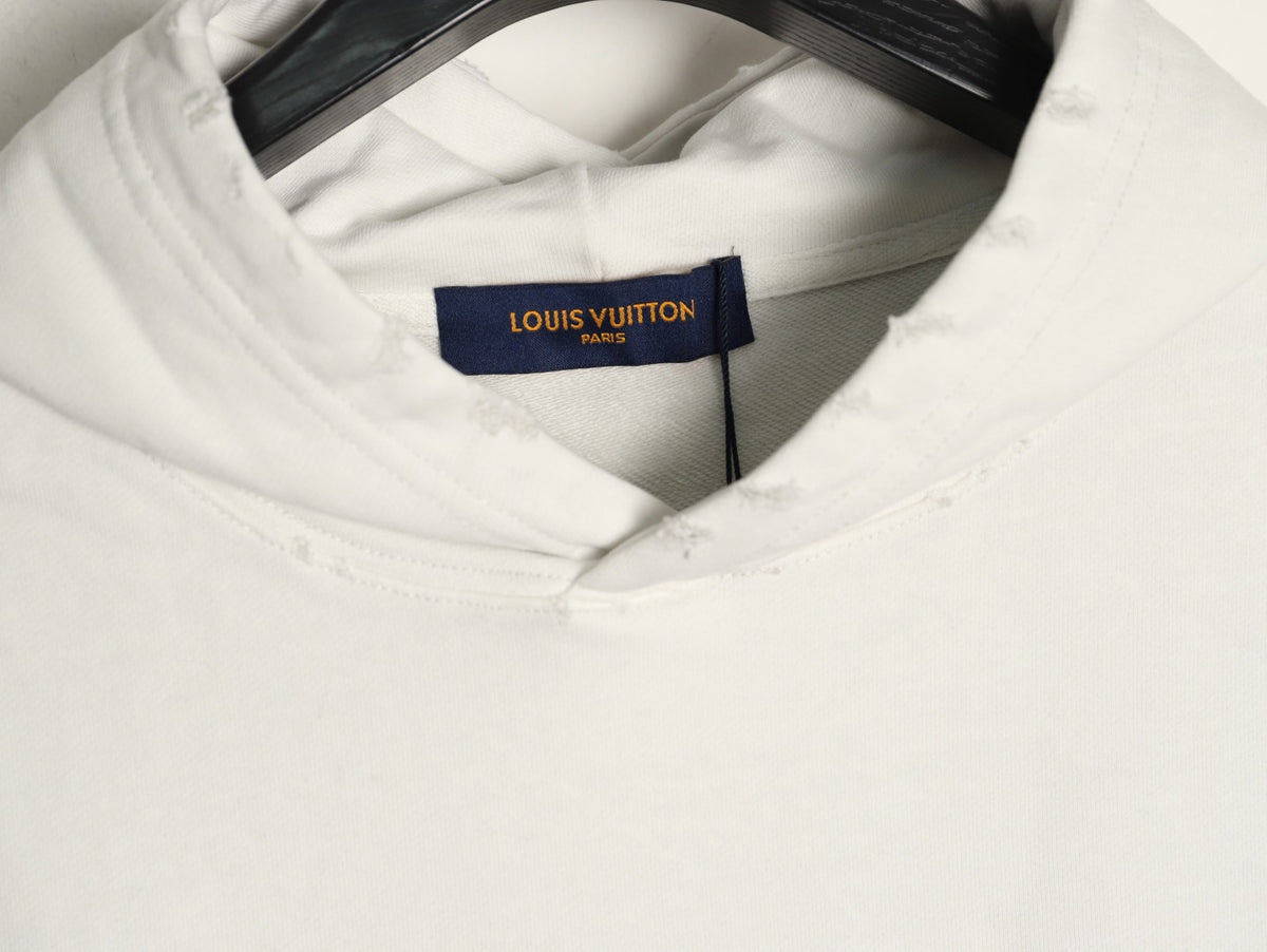 Louis Vuitton 25FW Cloud-Wash Denim Logo Appliqué Distressed Ivory Hoodie
