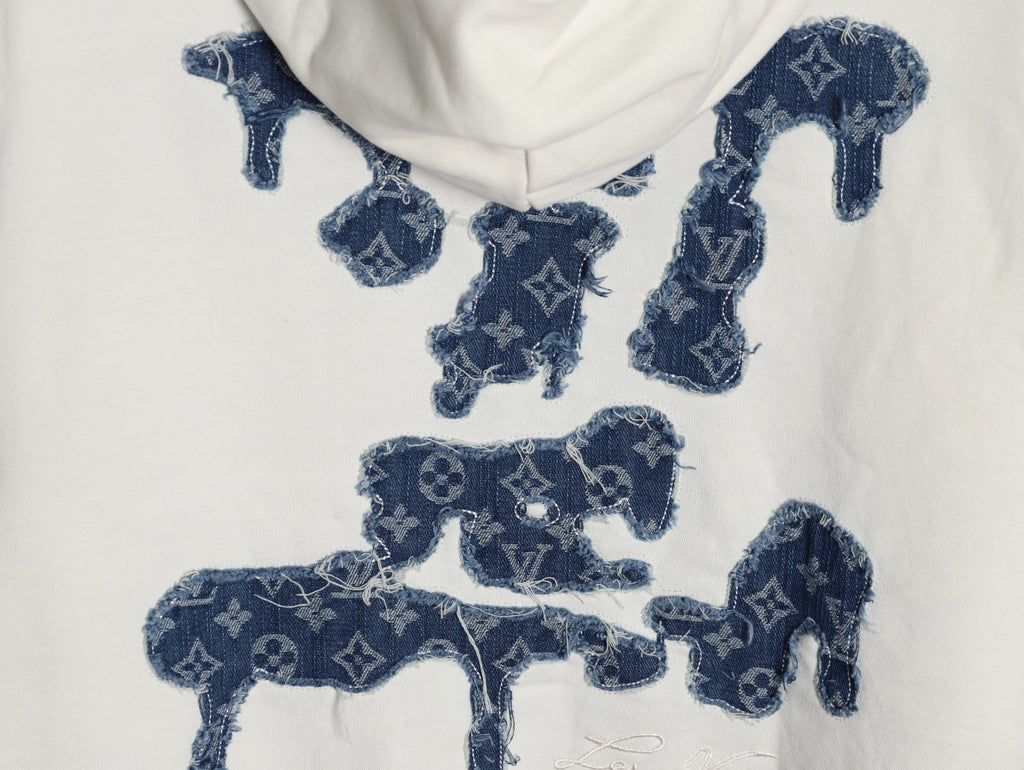 Louis Vuitton 25FW Cloud-Wash Denim Logo Appliqué Distressed Ivory Hoodie