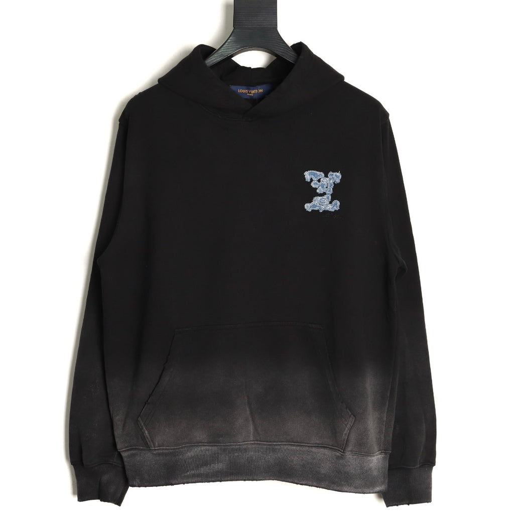 Louis Vuitton 25FW Cloud-Wash Denim Logo Appliqué Distressed Black Hoodie